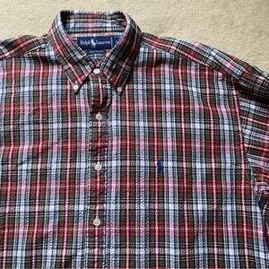 Ralph Lauren Shirt Mens Large Green Red Plaid Seersucker Classic Fit Long Sleeve